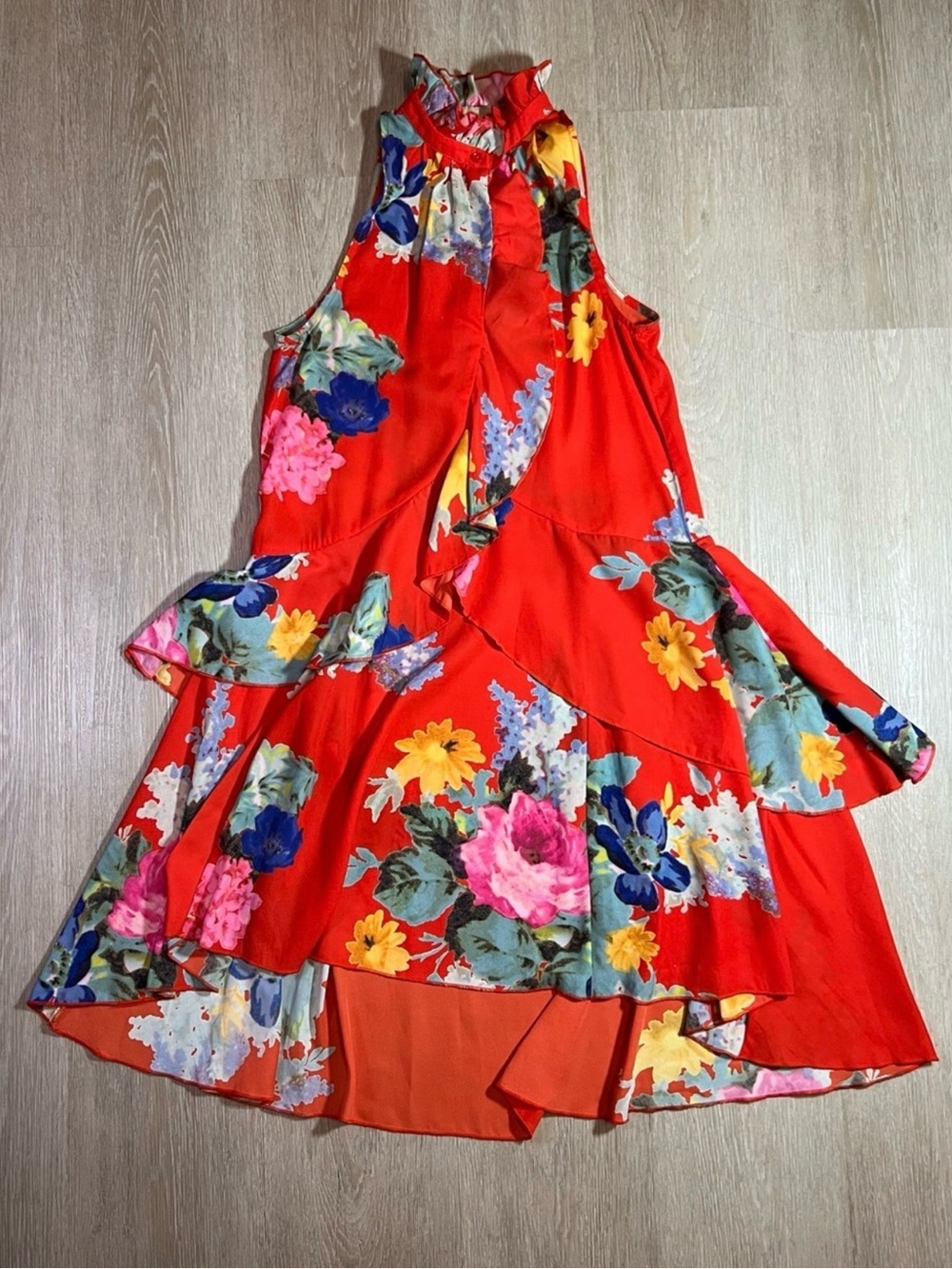 Red Floral Ruffle High Neck Summer Flowy Beach Sleeveless Dress Women's Size 4 - Picture 2 of 7